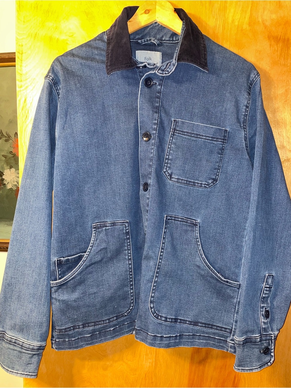 Folk Blue Denim Barn/Chore Coat with Dark Navy Contrast Collar Perfect for Fall